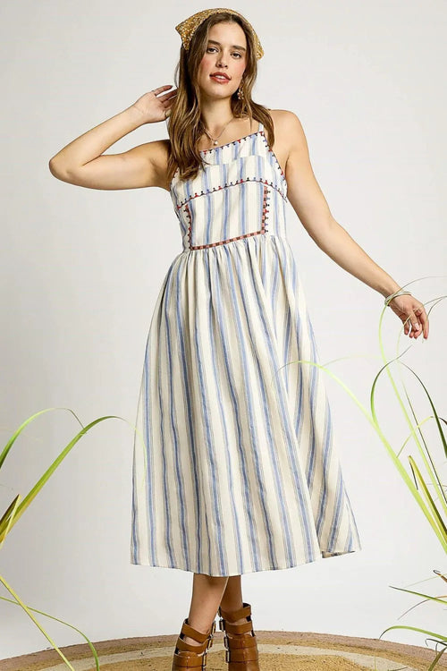 Umgee Striped Colorful Embroidered Trim Cami Dress